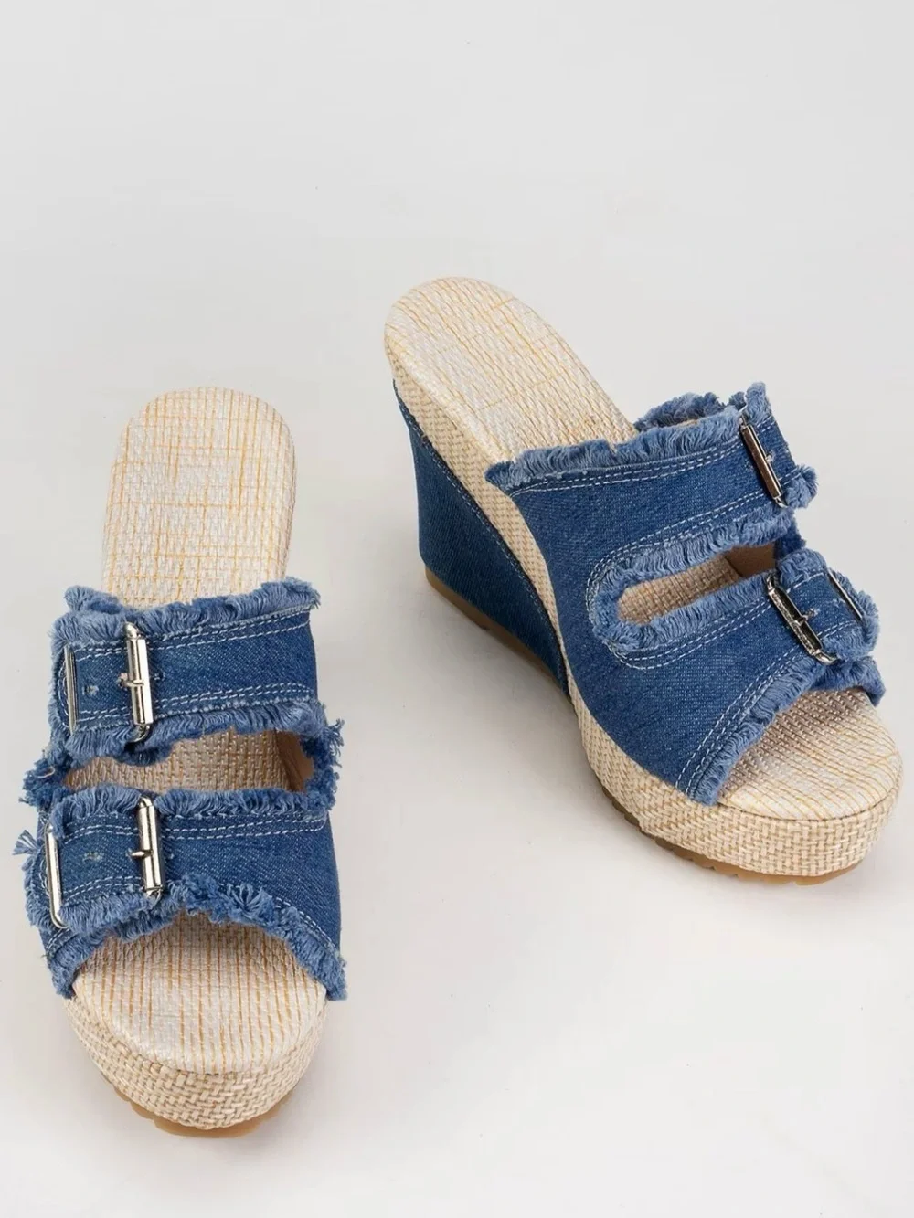 Denim Blue Wedge Sandals with Buckle Straps - Picture 3 of 5